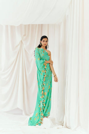 Turquoise Blue Printed Beaded Kaftan - L image