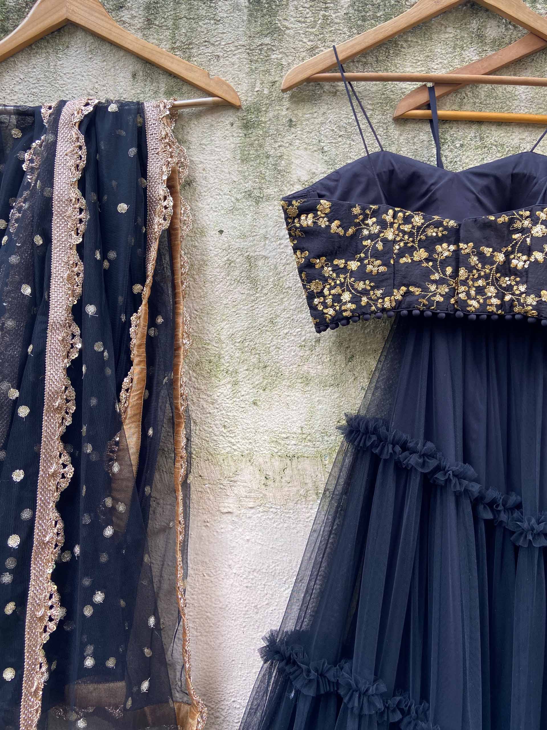 Black Ruffle Zari Lehenga Set image 3