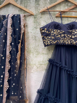 Black Ruffle Zari Lehenga Set image 3
