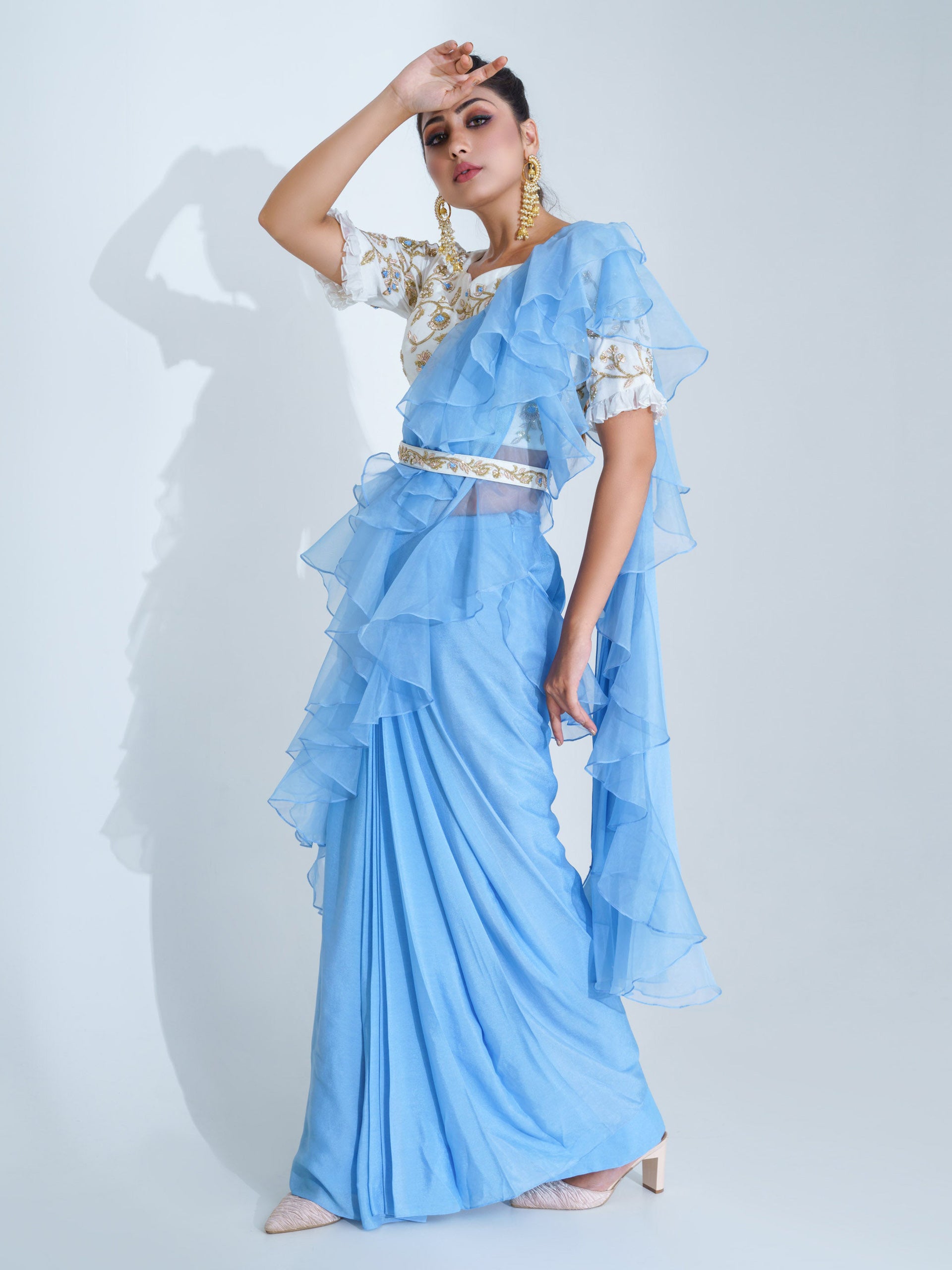 Pre Drape Light Blue Saree Set image 3