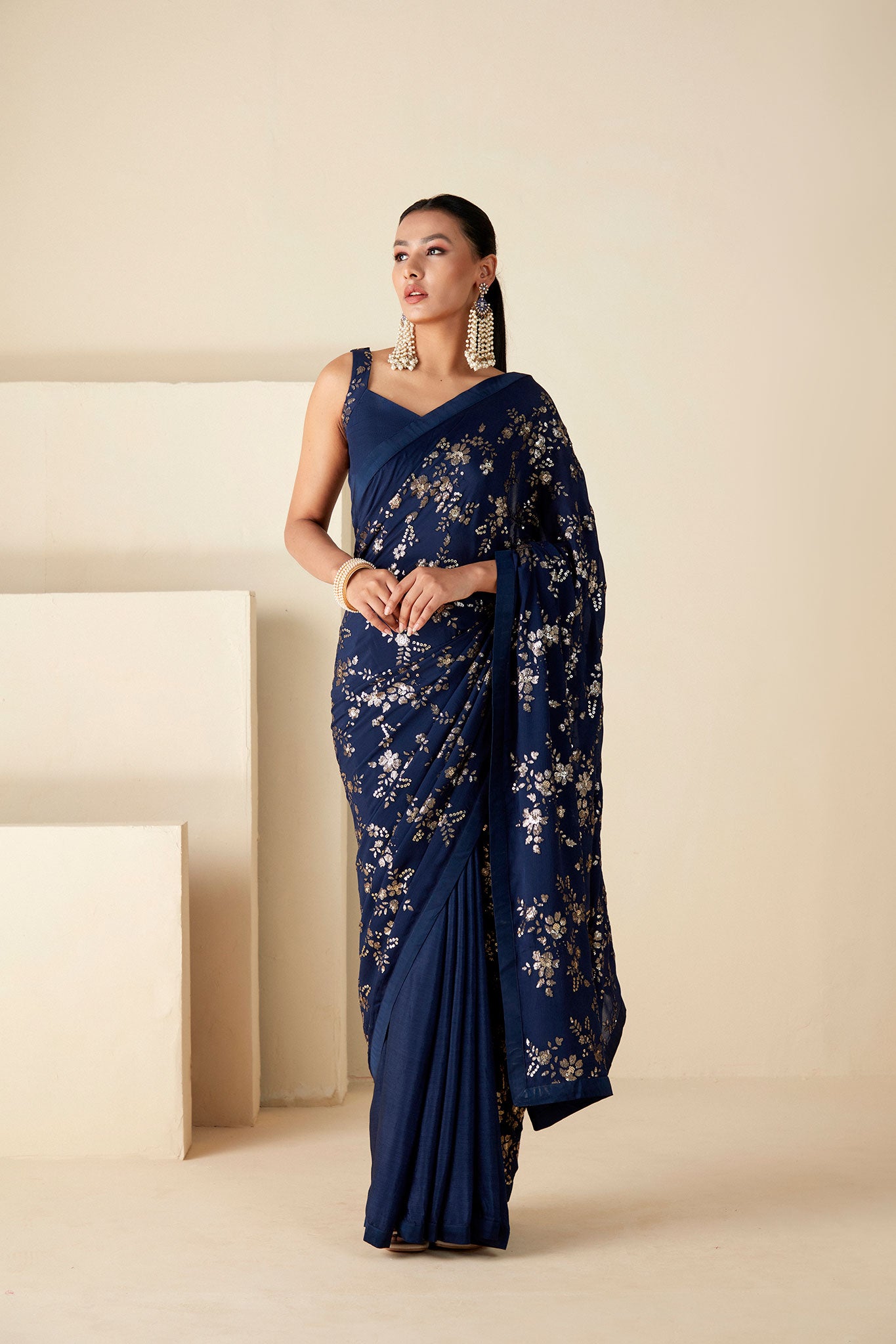 Dark Teal Georgette Crepe Sequin Work Saree - L image