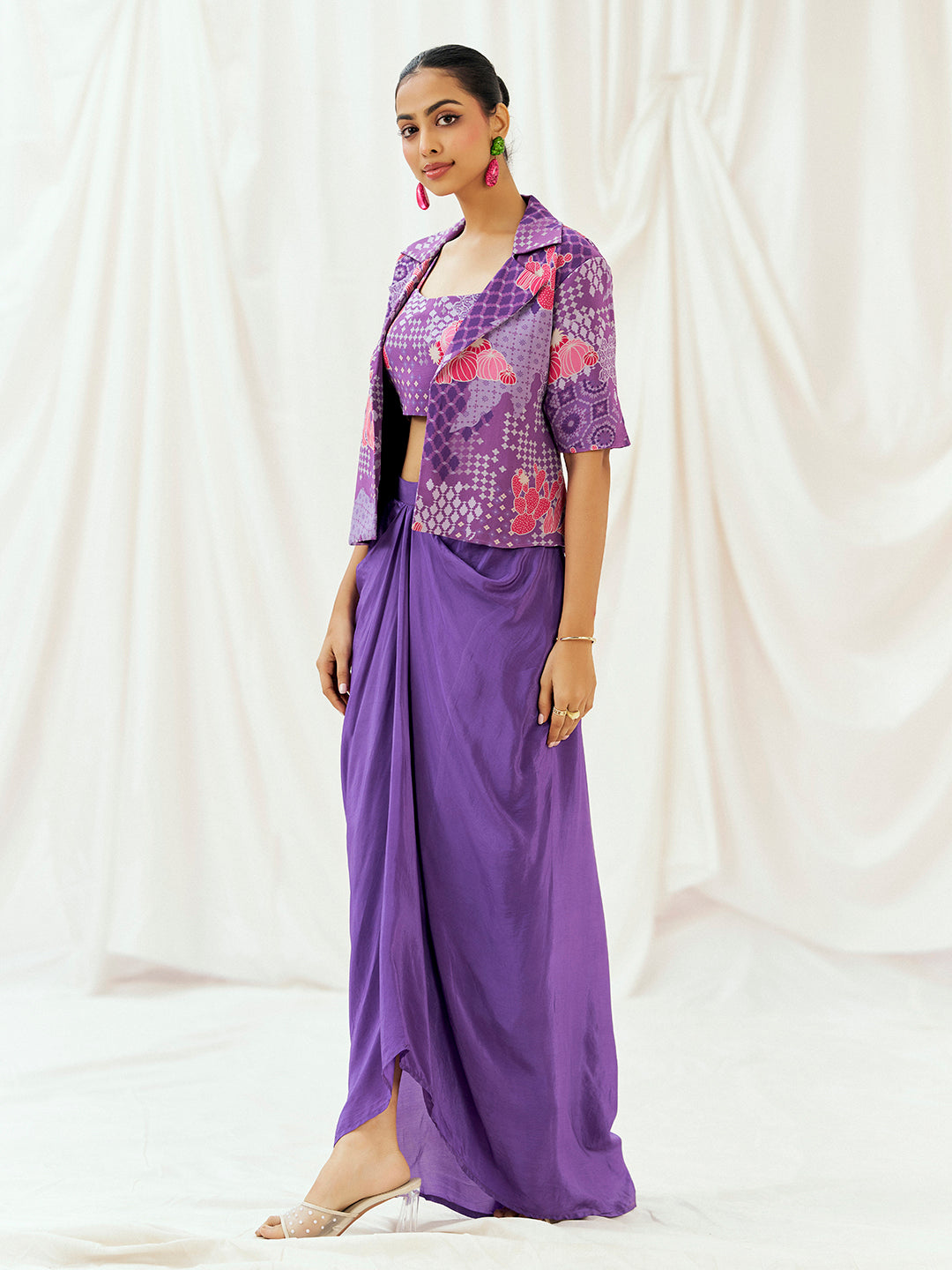 Violet Printed Embroidered Drape Skirt Set with Jacket image 2