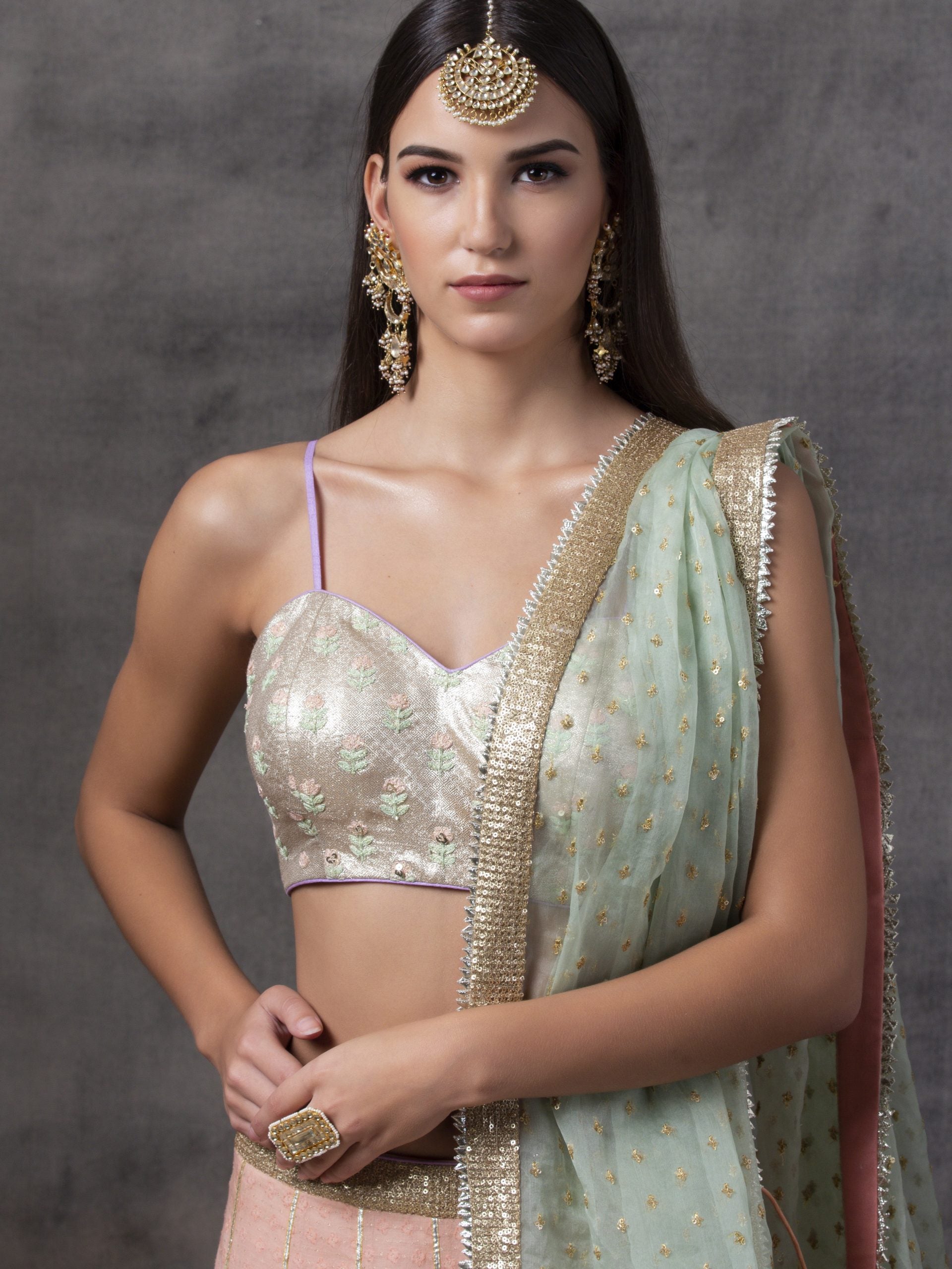 Peach Chanderi Lehenga with Gold Choli image 2