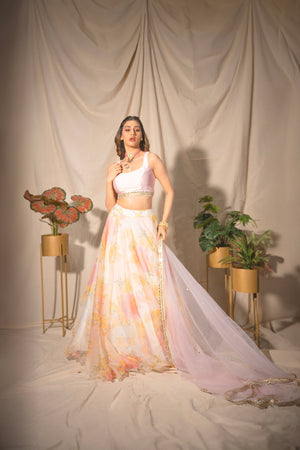 Offwhite &amp; Peach Organaza Lehenga Set image 6