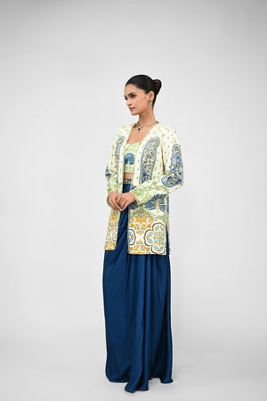 Royal Highlighted Blazer Paired With Peacock Bralette and Blue Cowl Skirt image 3