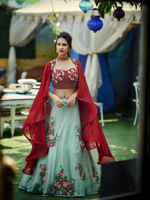 Scarlet Red and Green Lehenga - L image