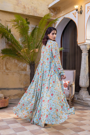 Light Blue Floral Georgette Embroidered Jacket Set - M image