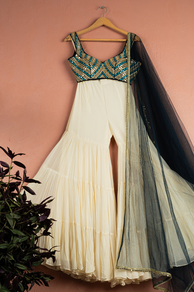 Ivory Midnight Blue Mirror Magic Sharara Set image 0