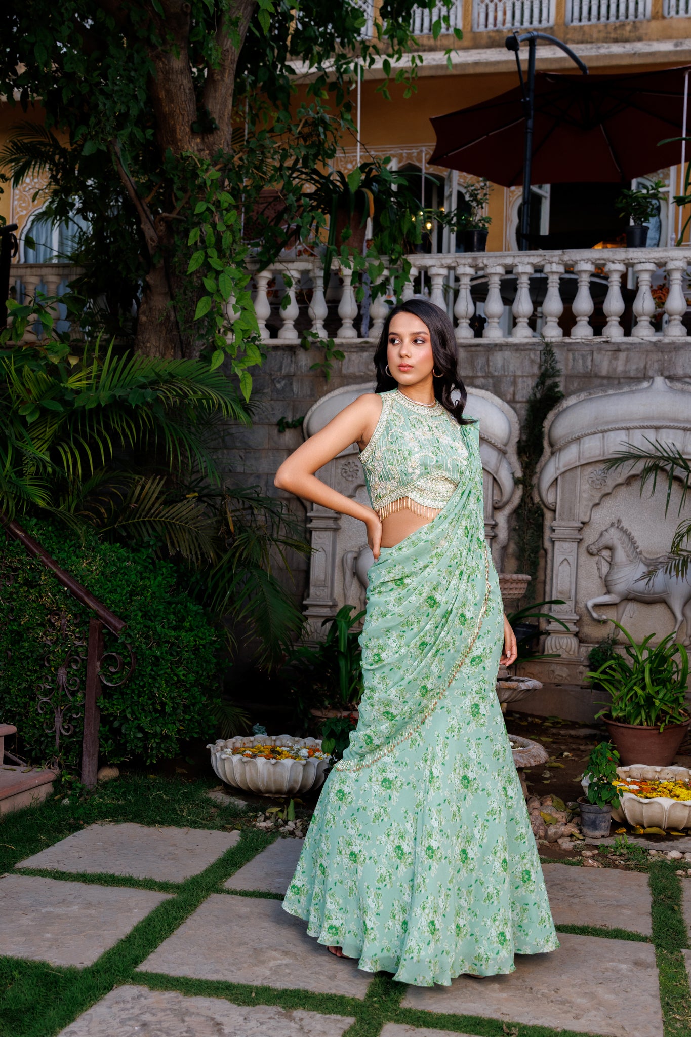 Sage Green Fish Cut Lehenga Set image 4