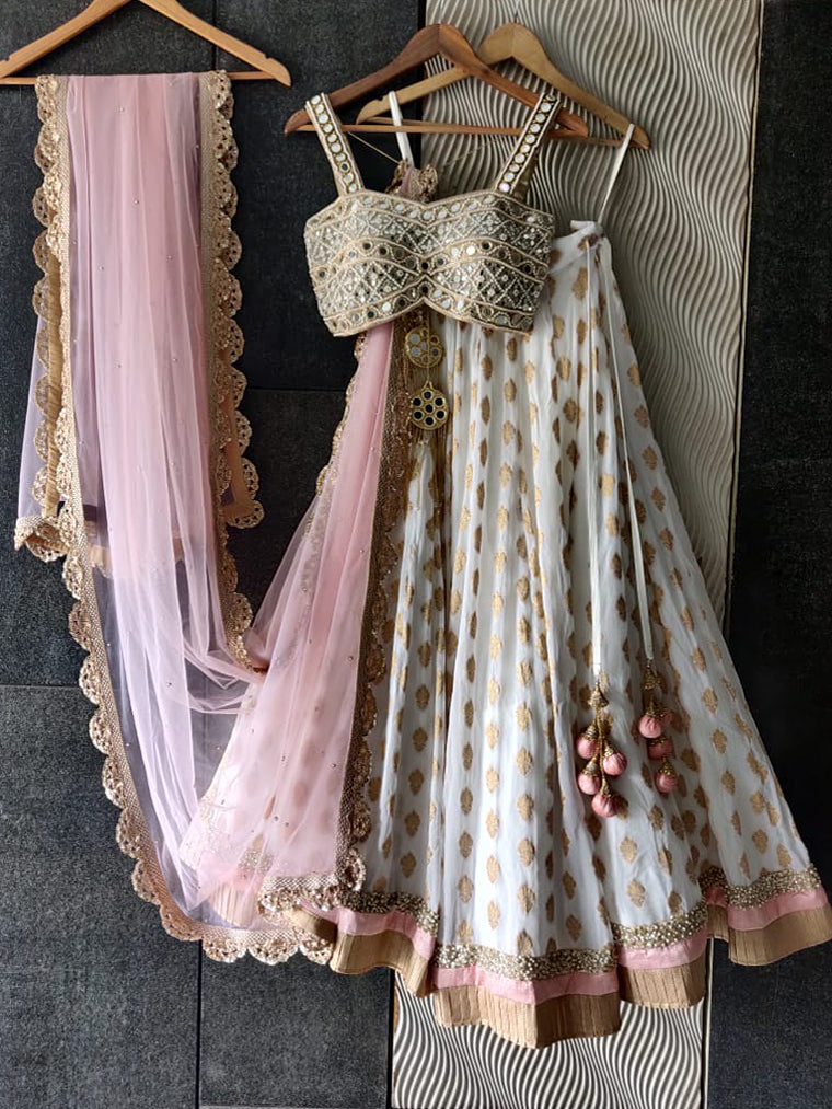 Ivory and Mirror Bustier with Ivory and Blush Pink Lehenga - S image