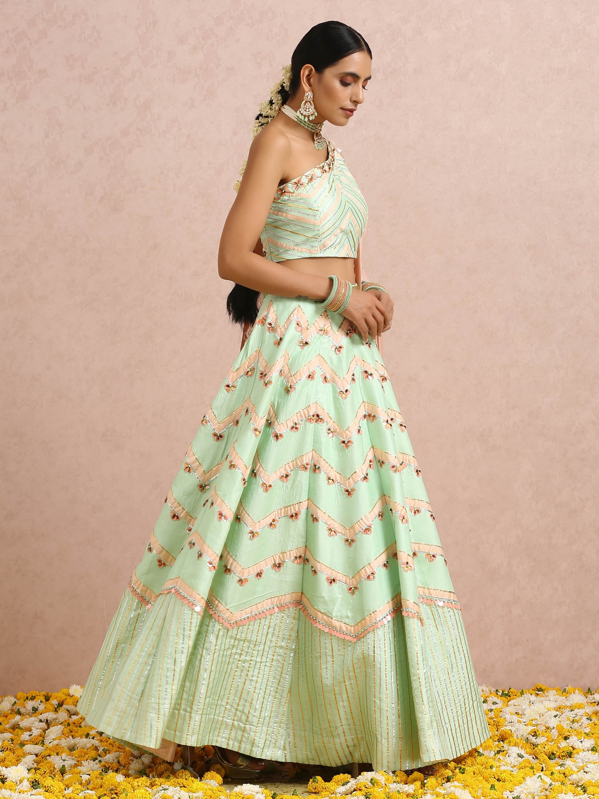Mint and Peach Color Block Lehenga Set image 7