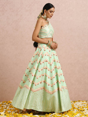 Mint and Peach Color Block Lehenga Set image 7