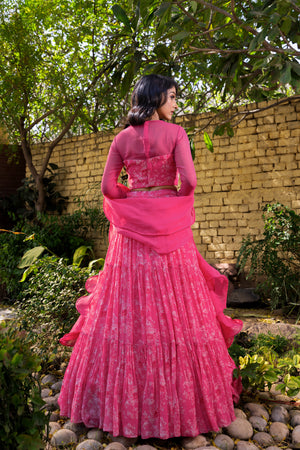 Pink Georgette &amp; Net Layered Lehenga Set image 8