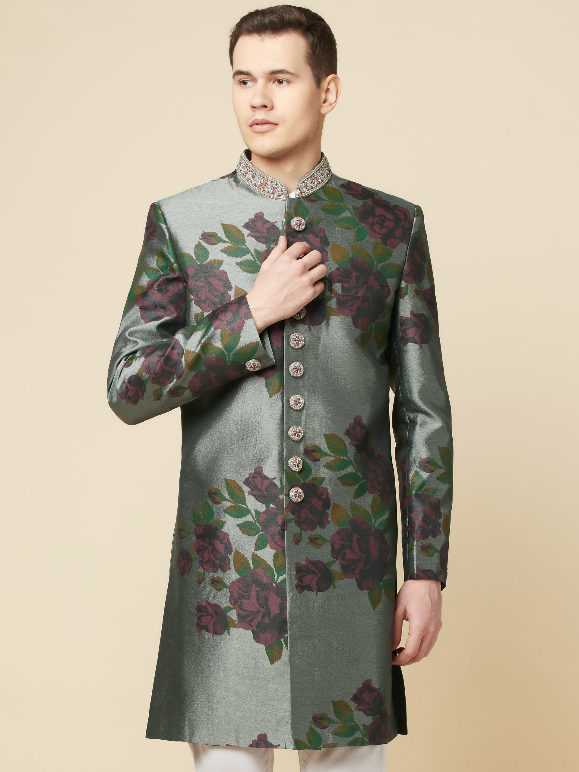 Grey Embroidered Sherwani Set - L image