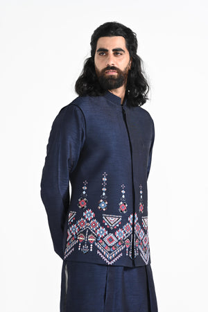 Navy Phulkari Inspired Nehru With Overlapping Layered Kurta Set image 3