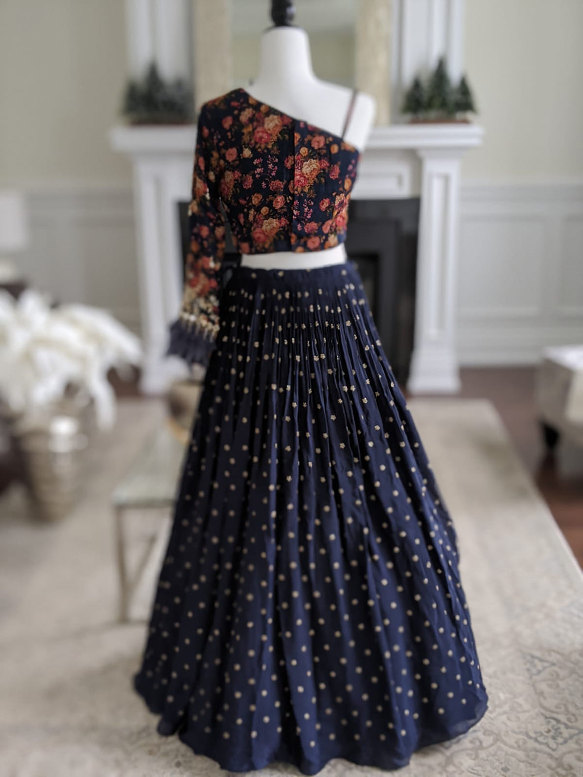 Navy Blue Lehenga with One Shoulder Blouse image 3