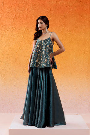Metallic Teal Blue Peplum Sharara Set - L image