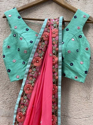 Pink and Mint Floral Saree Set image 3