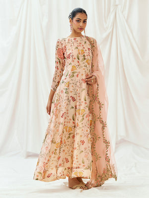 Floral White Printed Embroidered Anarkali Suit Set image 3