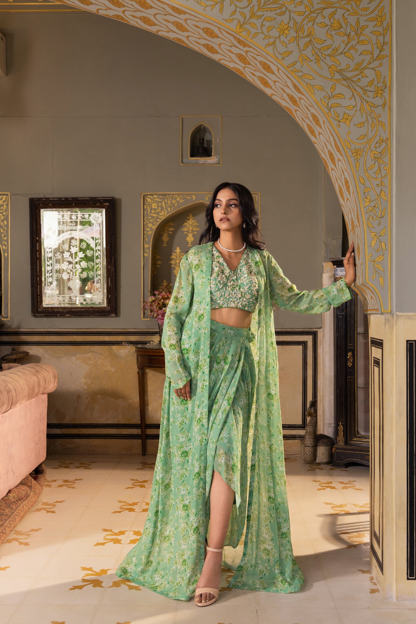 Fuchsia Pink Embroidered Jacket Peplum Set - L image
