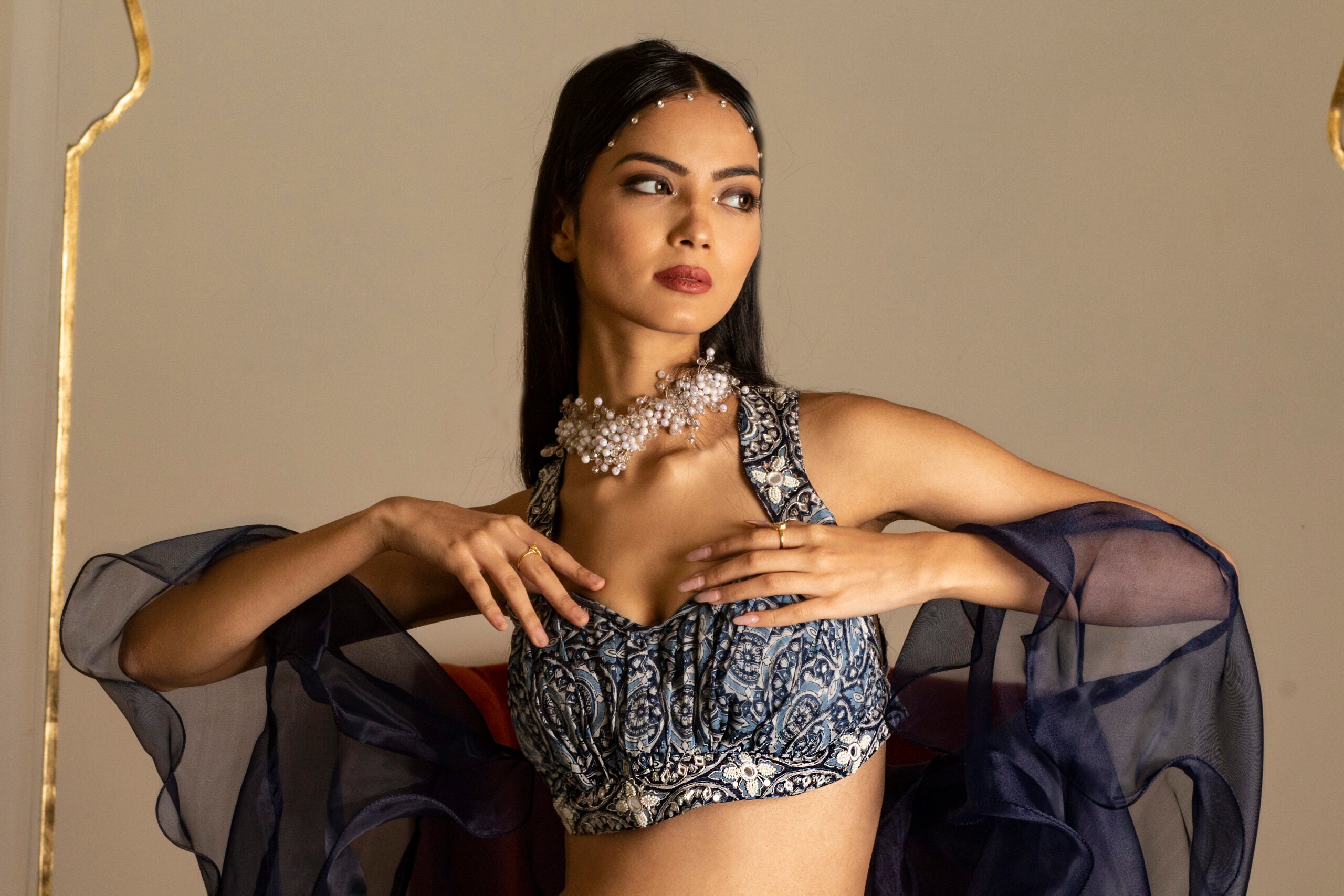 Blue Printed Broad Belt Skirt Set image 4