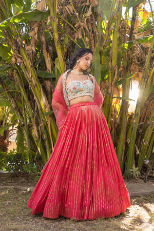 Coral Floral Georgette &amp; Net Embroidered Lehenga Set - L image