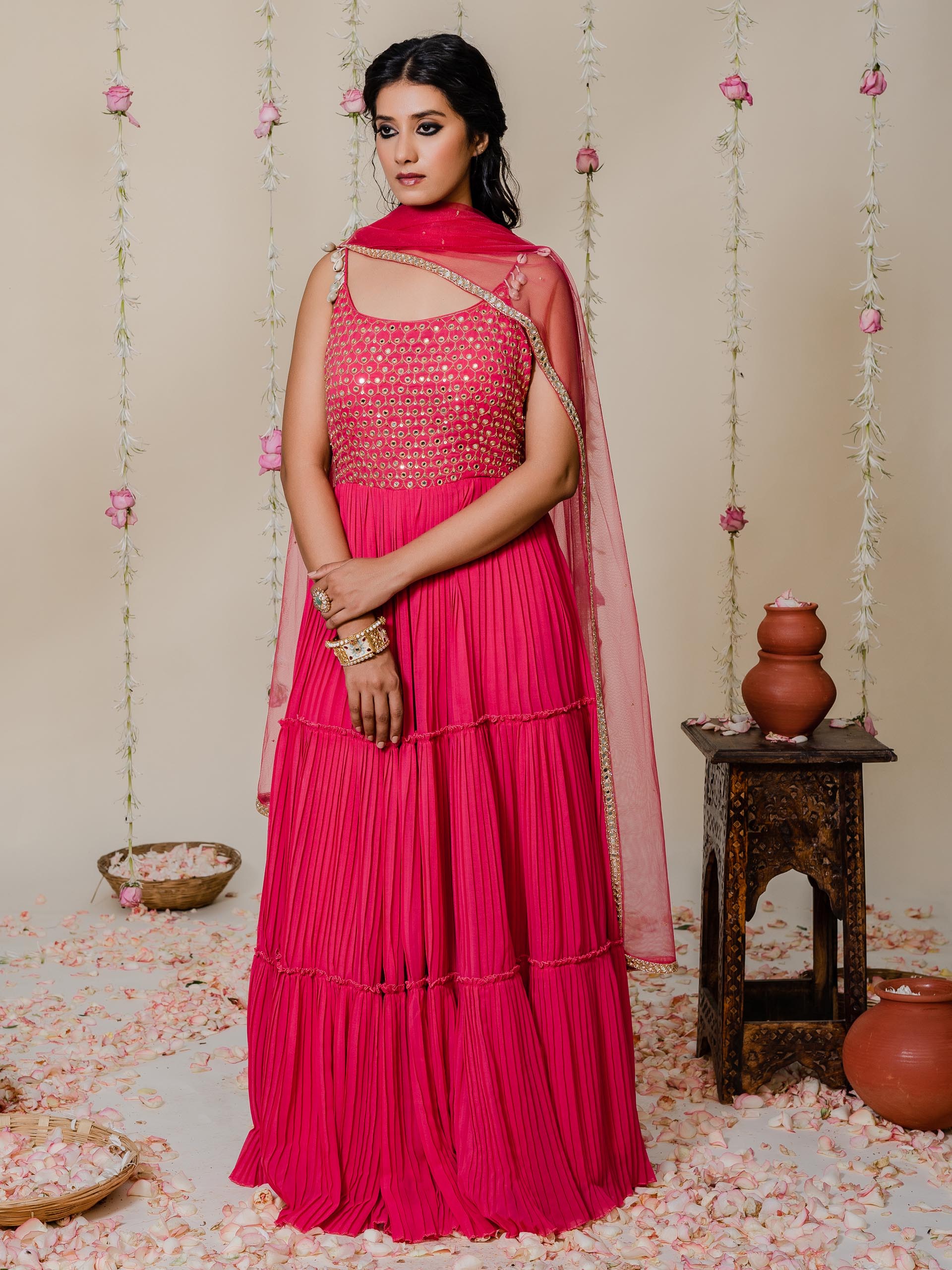 Fuchsia Pink Mirror Anarkali Se - S image
