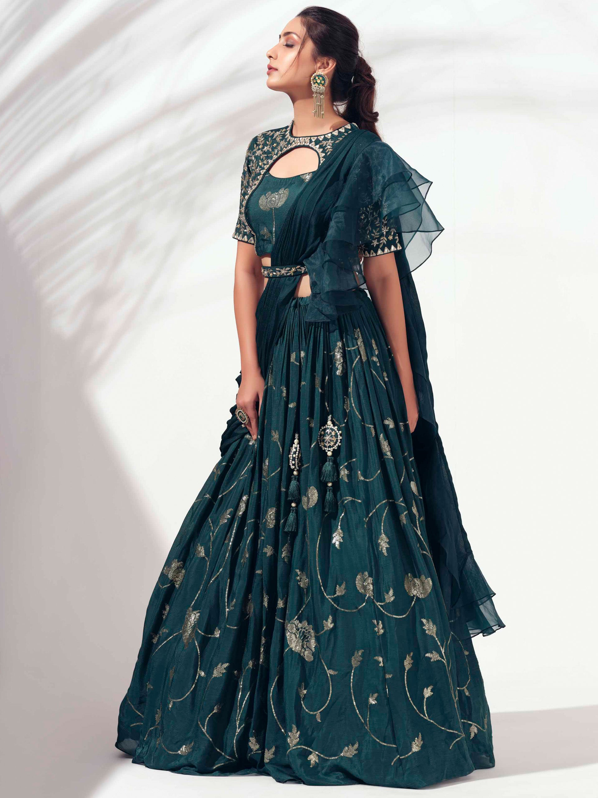 Bottle Green Embroidered Lehenga Set image 4