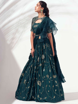 Bottle Green Embroidered Lehenga Set image 4