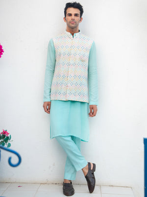 Blue Kurta Set With Multi Sequins Bundi - S image