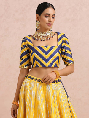 Yellow and Ink Blue Color Block Lehenga Set image 5