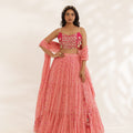 Coral Peach Bandhani Three Tier Lehenga image 0