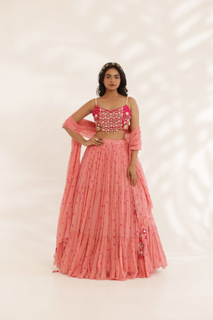 Coral Peach Bandhani Three Tier Lehenga image 0