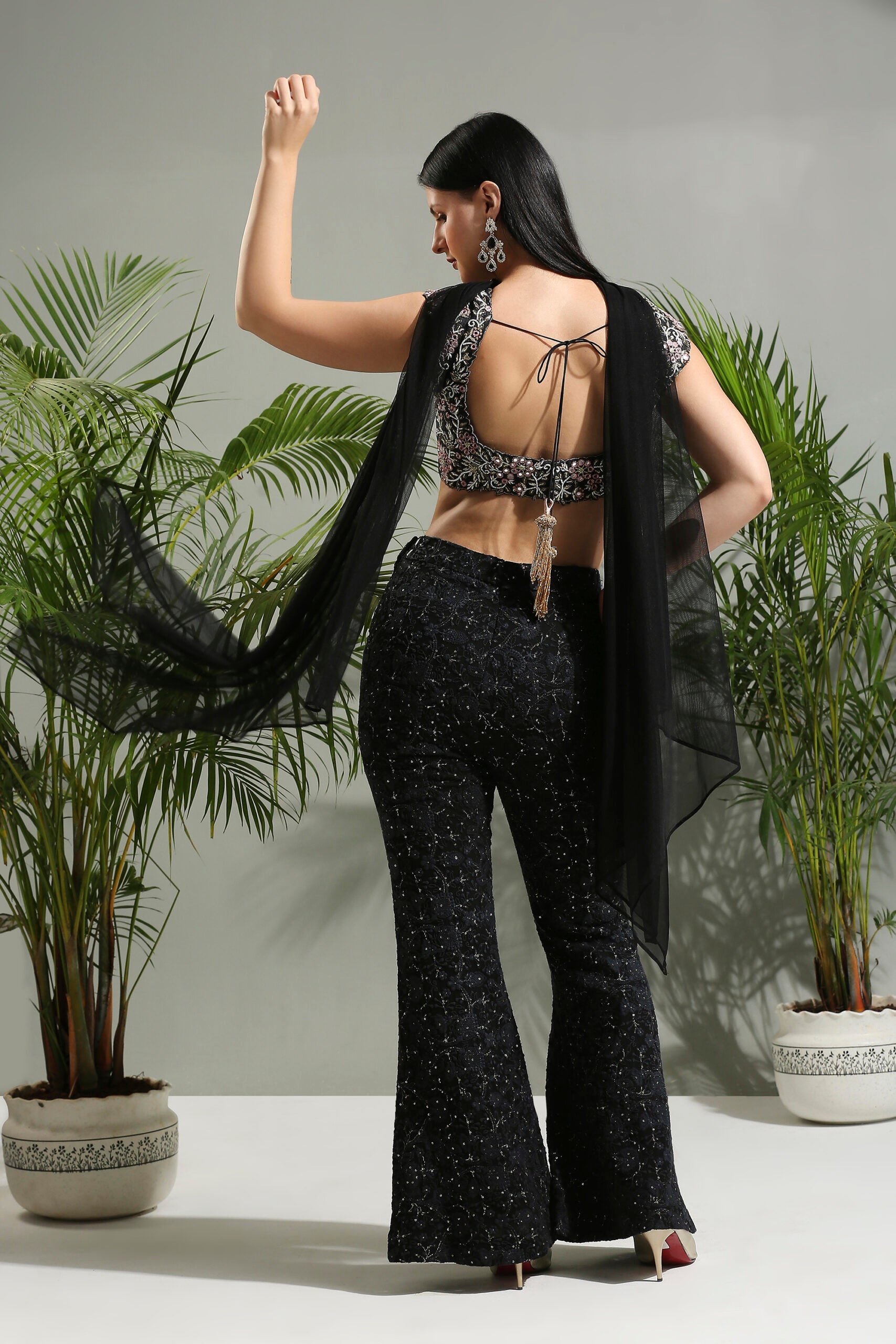 Black Thread and Mirror Hand Embroidered Palazzo Set image 5