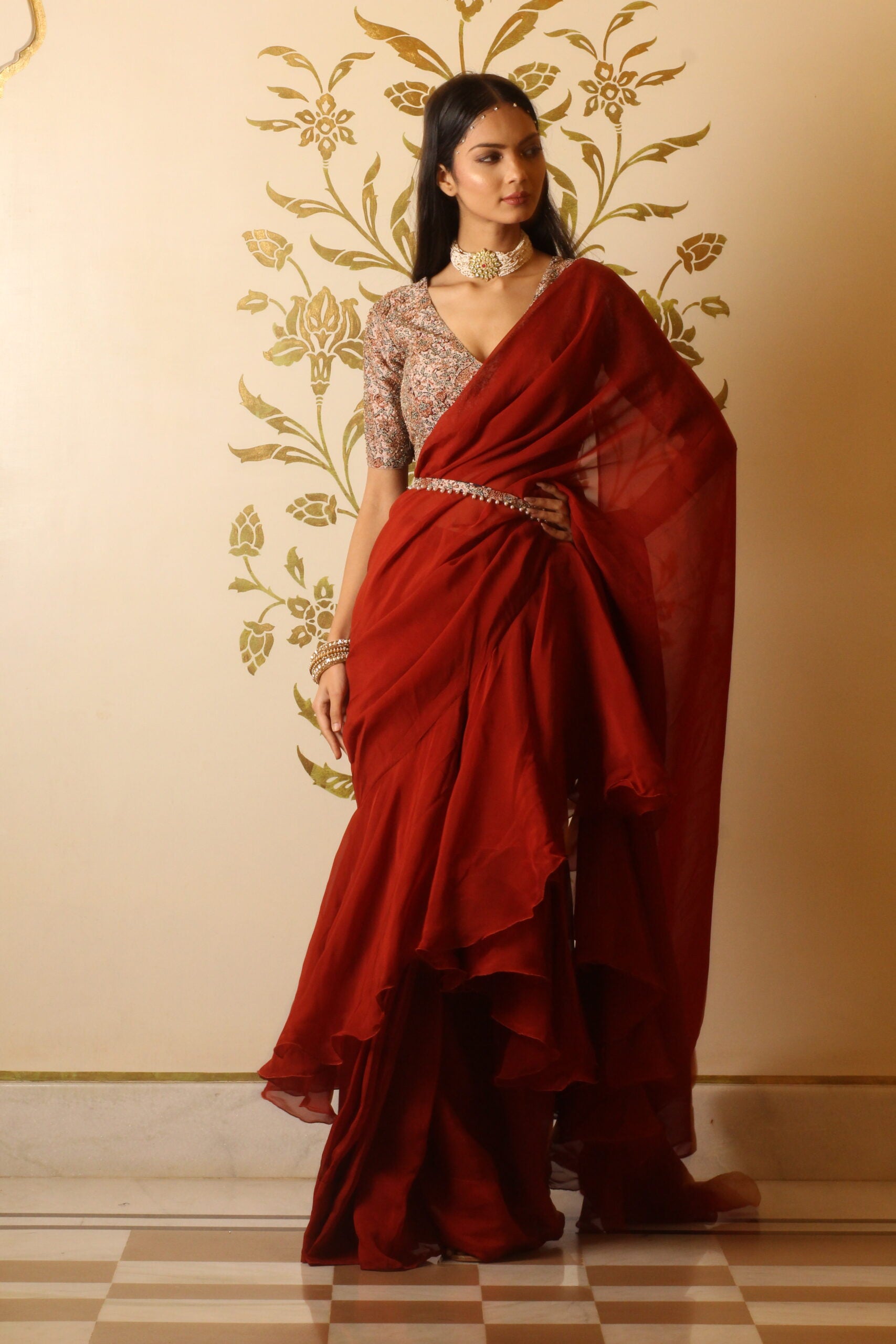 Rustic Red Organza Ruffle Saree Set image 2