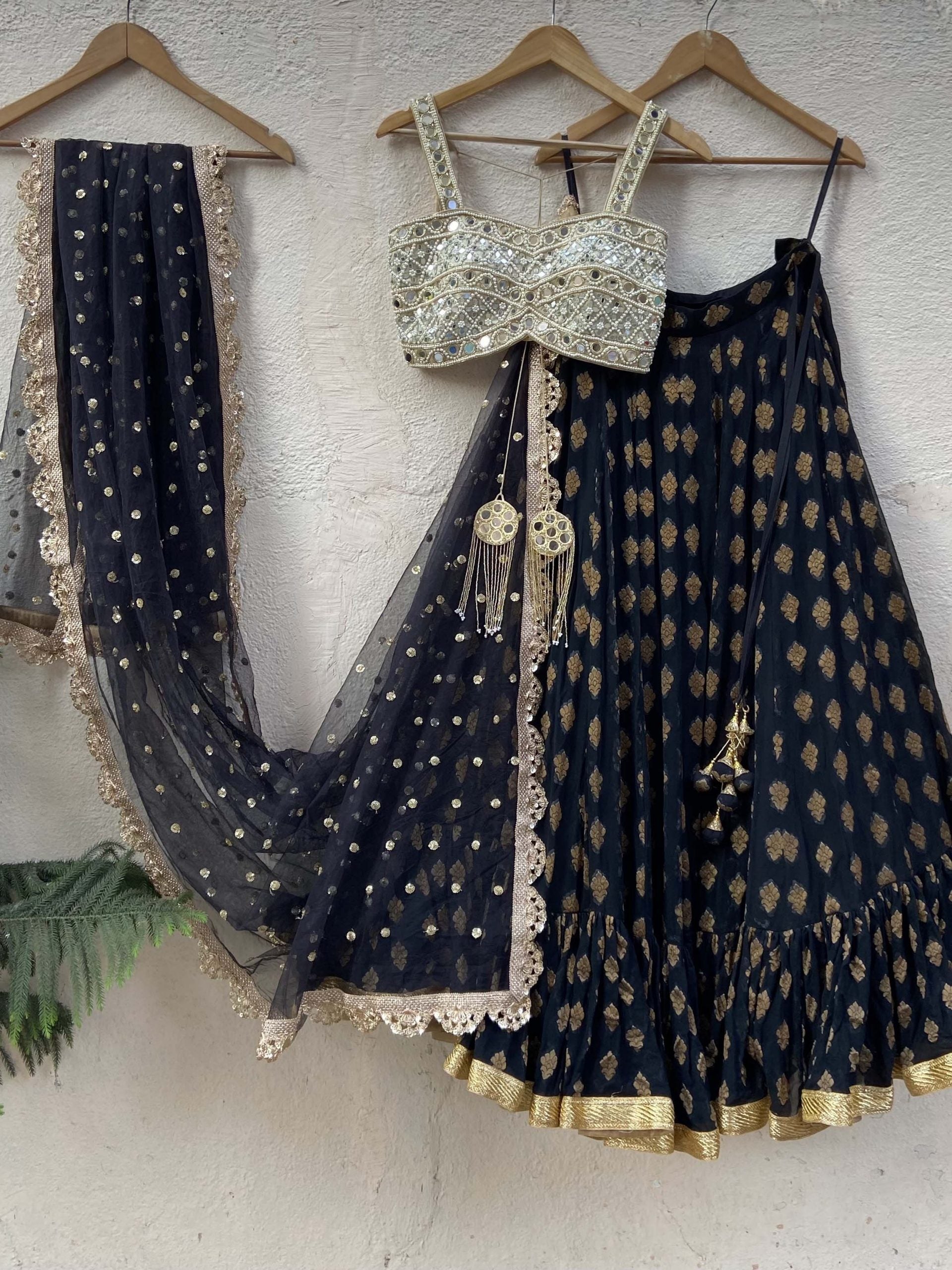 Black Ruffle Lehenga Set with Mirror Bustier - L image