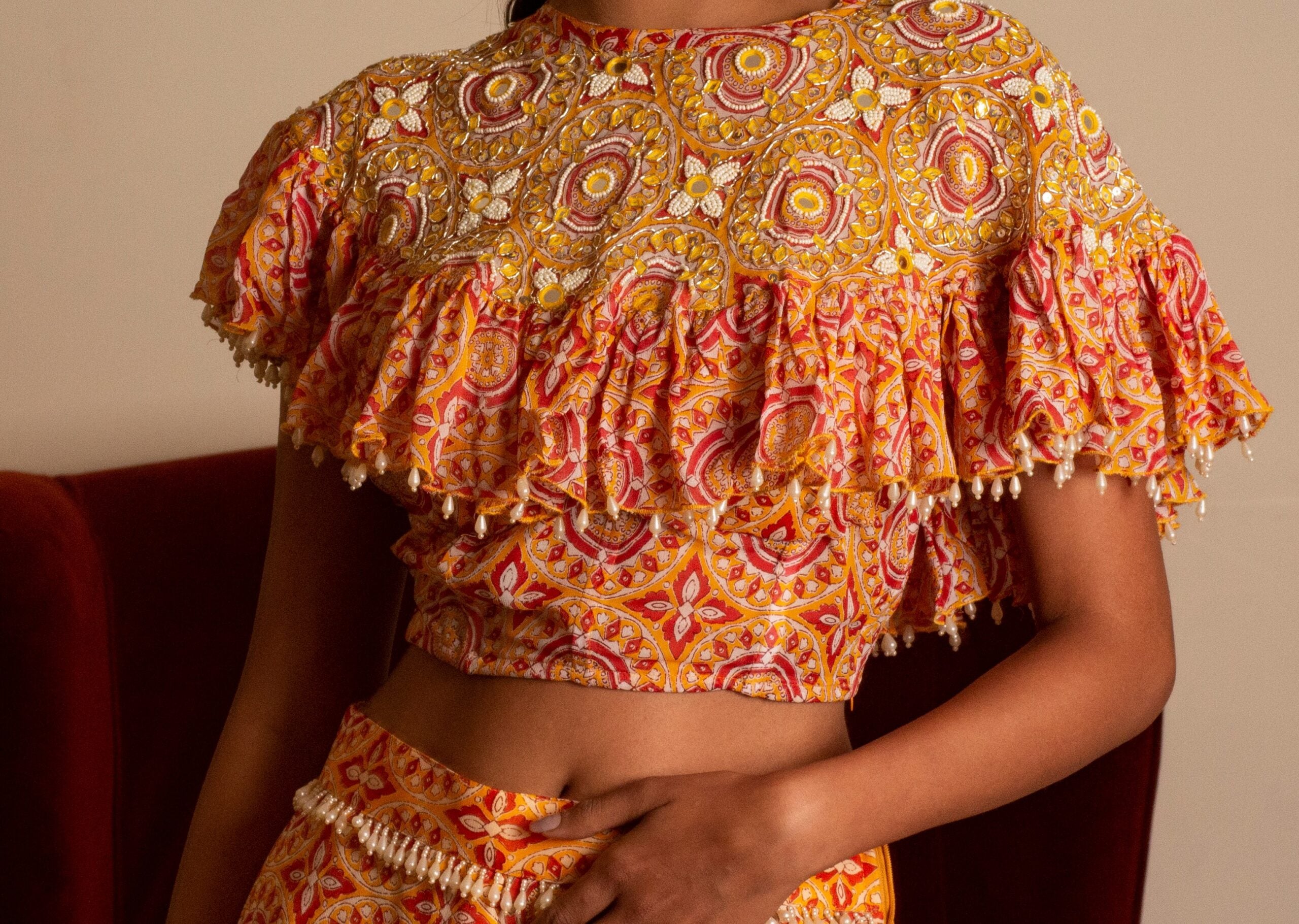 Yellow Printed Sharara Set With Cape image 4