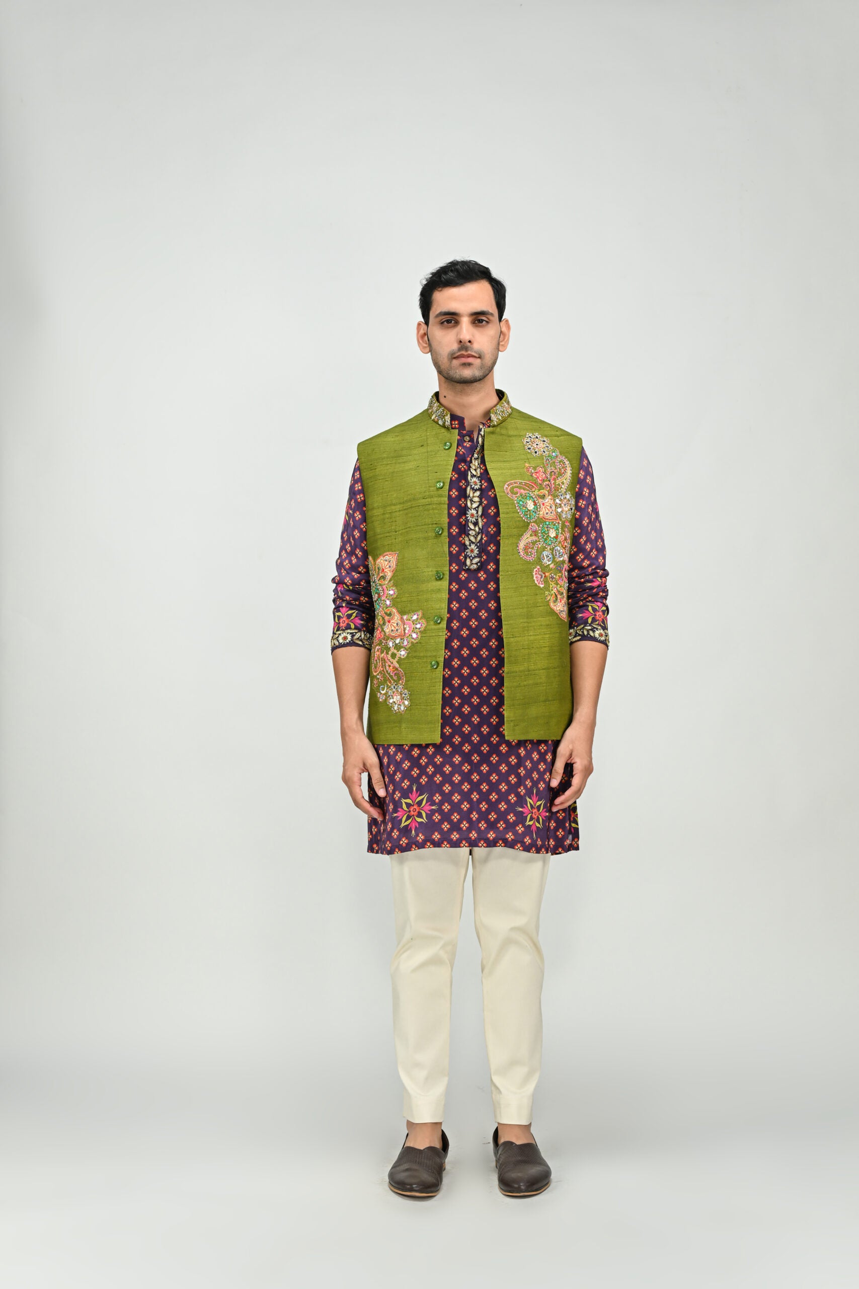 Plum Kurta Paired with Patch Olive Bundi  Pant Set image 4