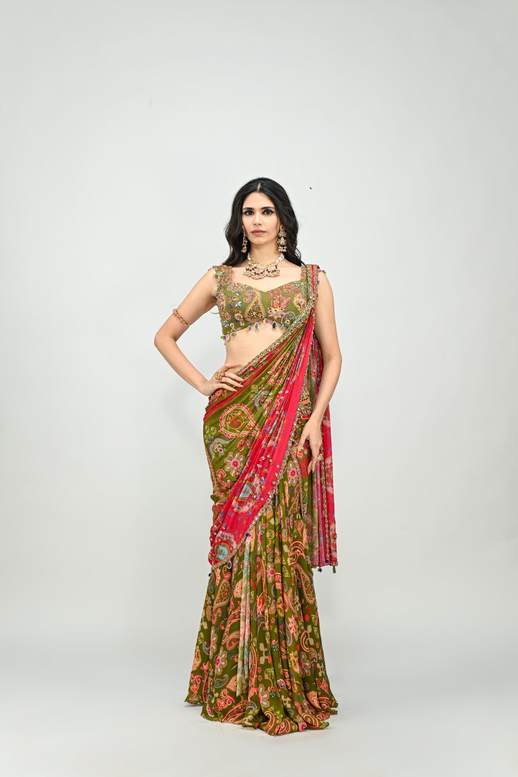 Olive Highlighted Dual Pre-stitched Saree Paired With Badla Embroidered Green Blouse - L image