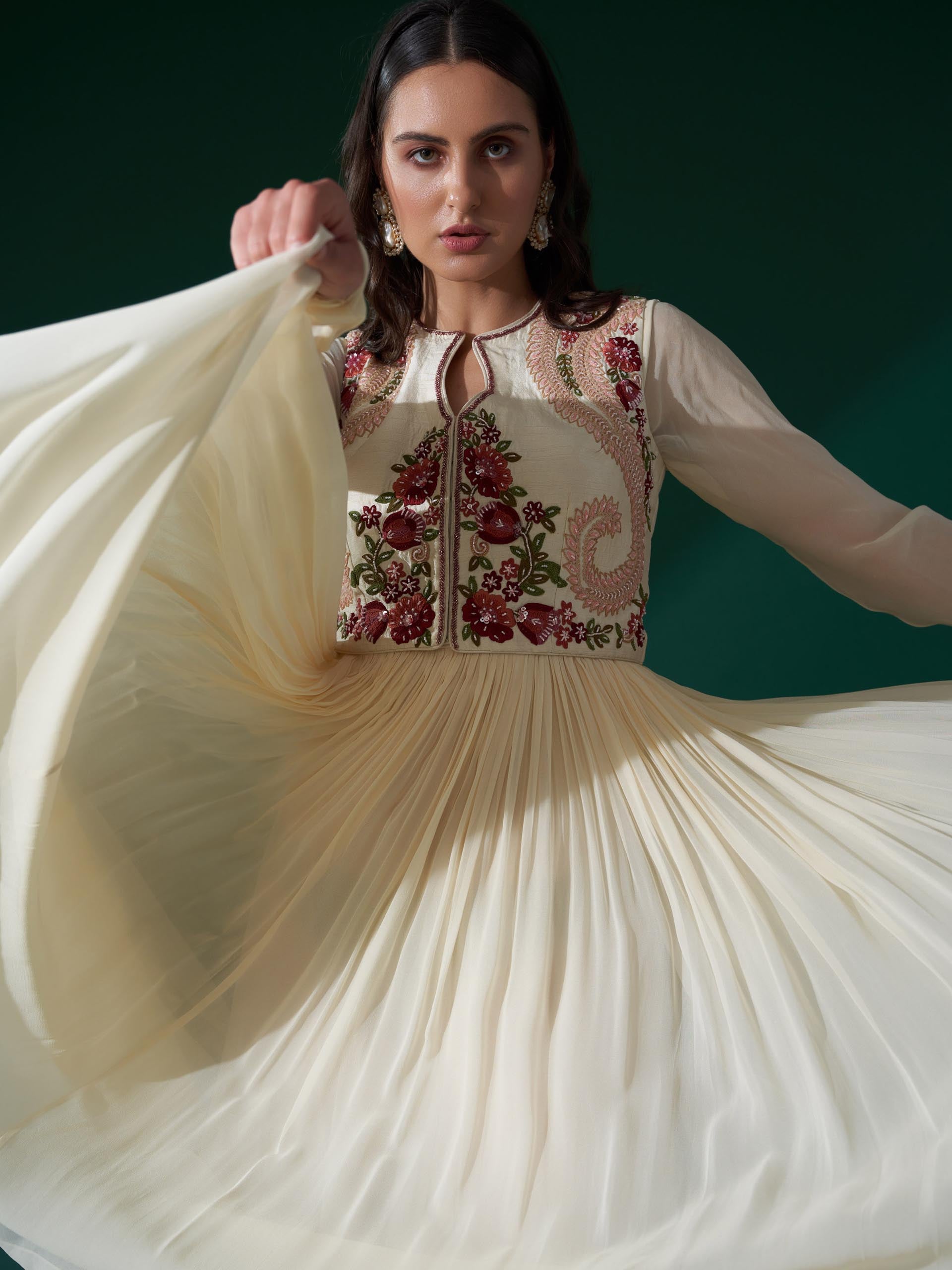 Cream Maroon Koti Jacket Anarkali Set image 2