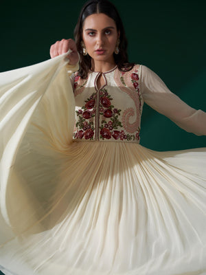 Cream Maroon Koti Jacket Anarkali Set image 2