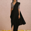 Black and Peach Pre Draped Saree Set image 0