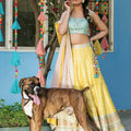 Yellow Raw Silk Lehenga with Blue Sequins Crepe Choli Set image 0