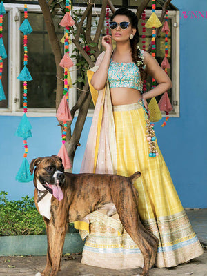 Yellow Raw Silk Lehenga with Blue Sequins Crepe Choli Set image 0