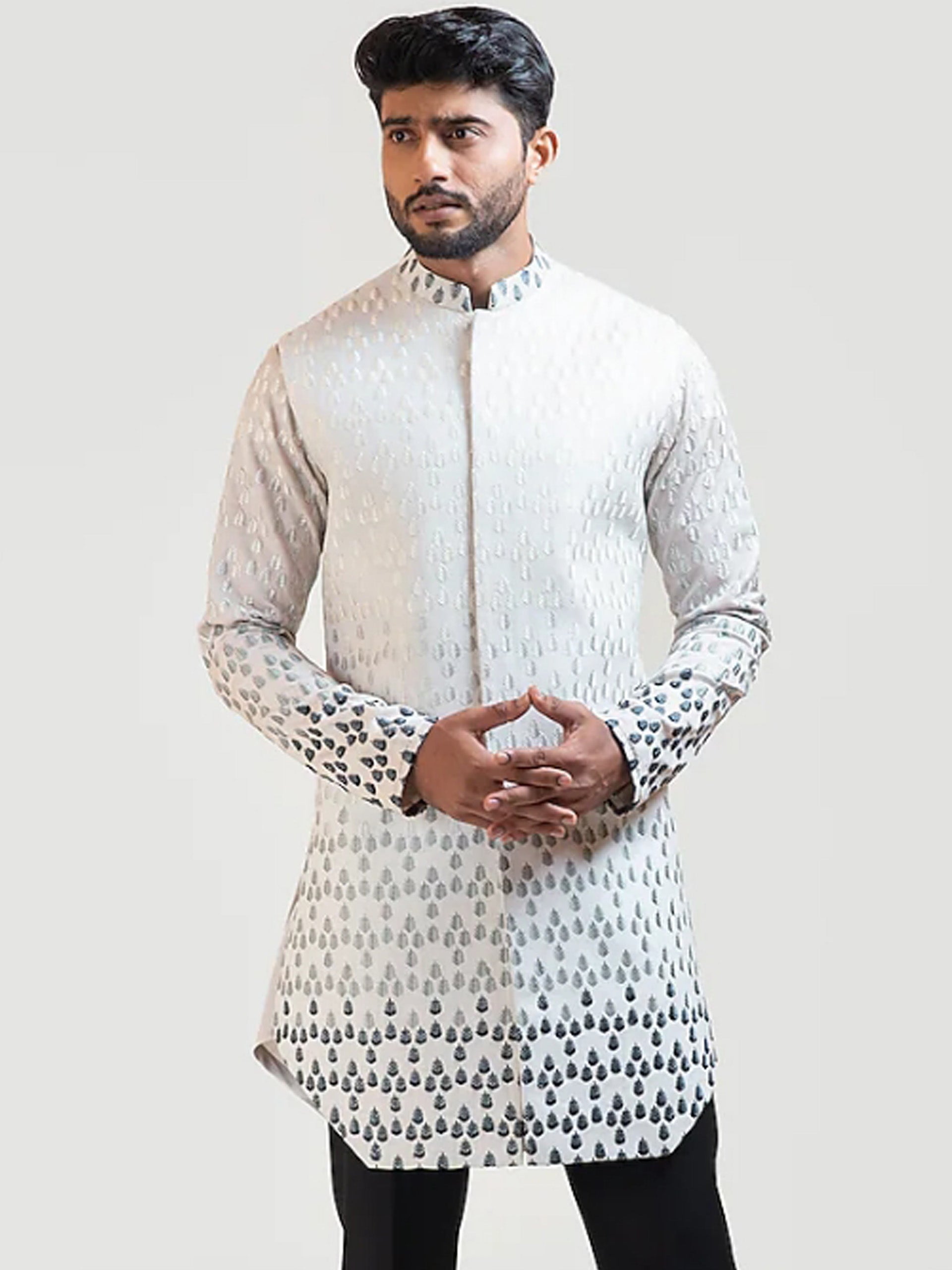 Grey Gradient Achkan Kurta Set image 2