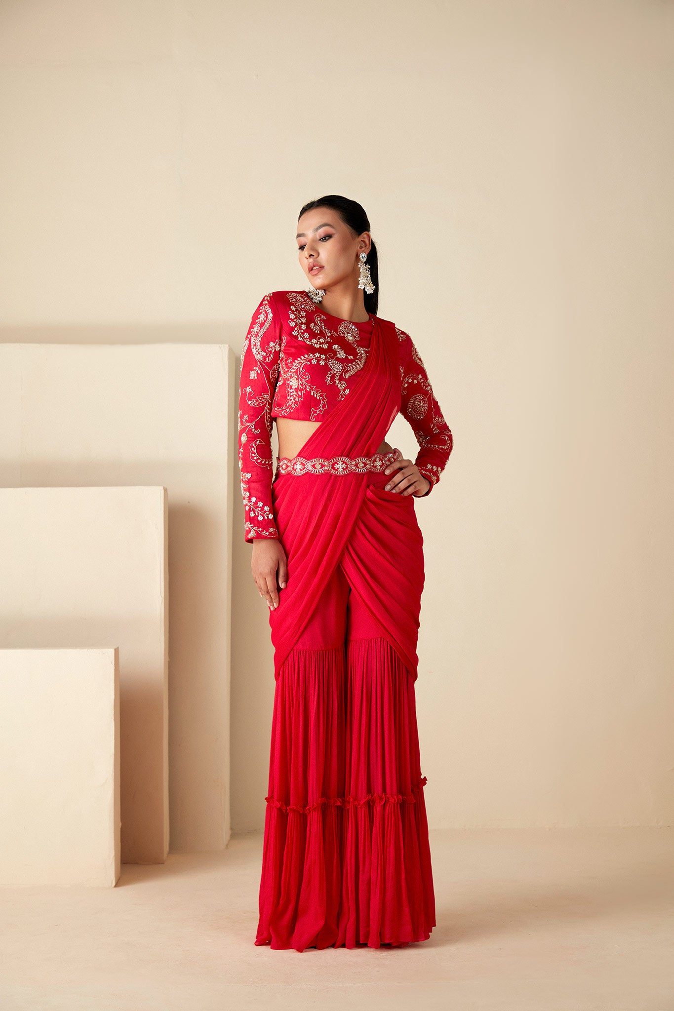Red Pre-Drape Sharara Saree image 5