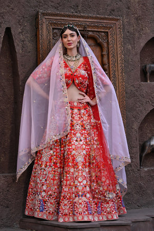 Red Peacock Embroidered Bridal Lehenga Set - XL image