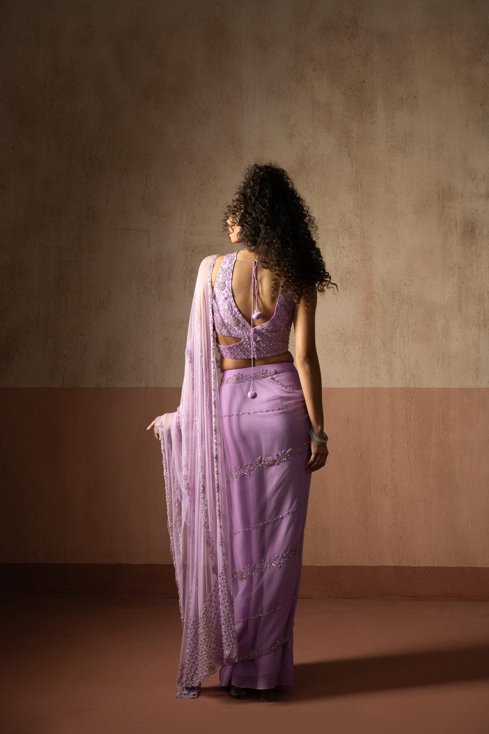 Pre Draped Lavender Hand Embroidered Net & Georgette Saree image 5