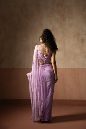 Pre Draped Lavender Hand Embroidered Net & Georgette Saree image 5