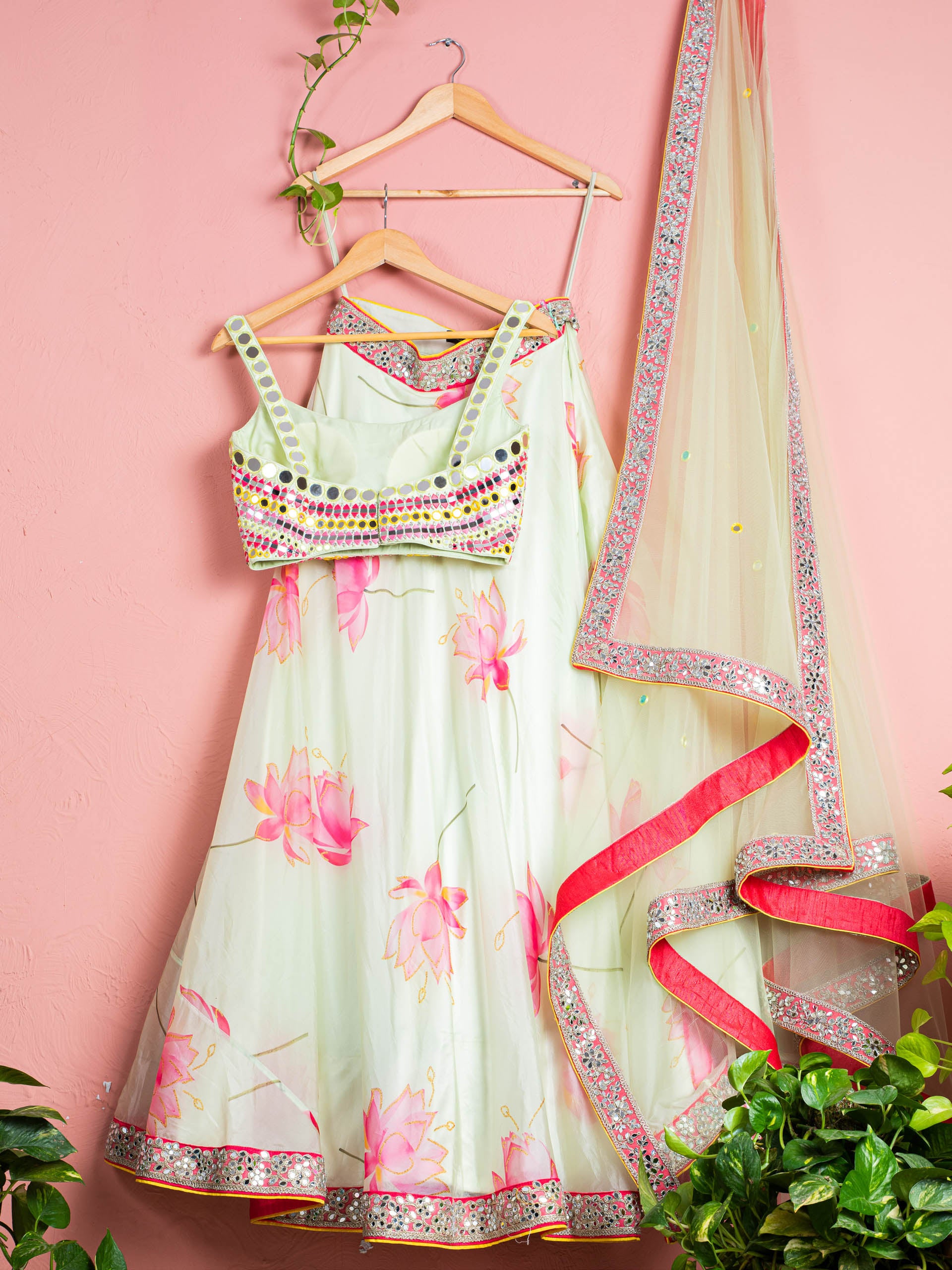 Green Lotus Floral Lehenga Set With Green Chantily Mirror Blouse image 1